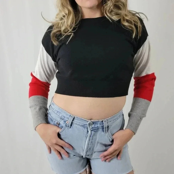 Striped Colorblock Crop Pullover Sweatshirt - S - Picture 1 of 5